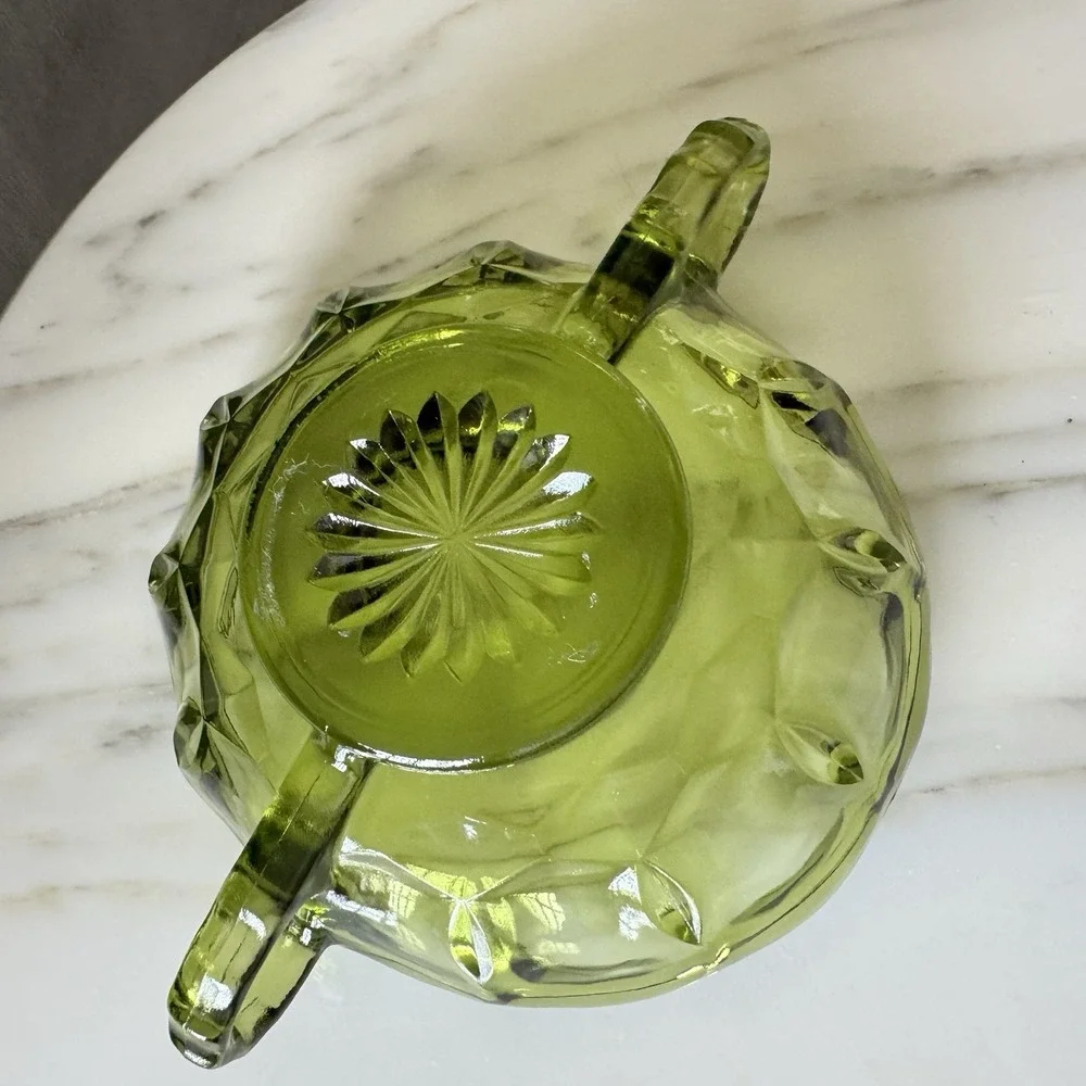 Vintage Fostoria Coin Glass Olive Green Nappy Dish With Handle